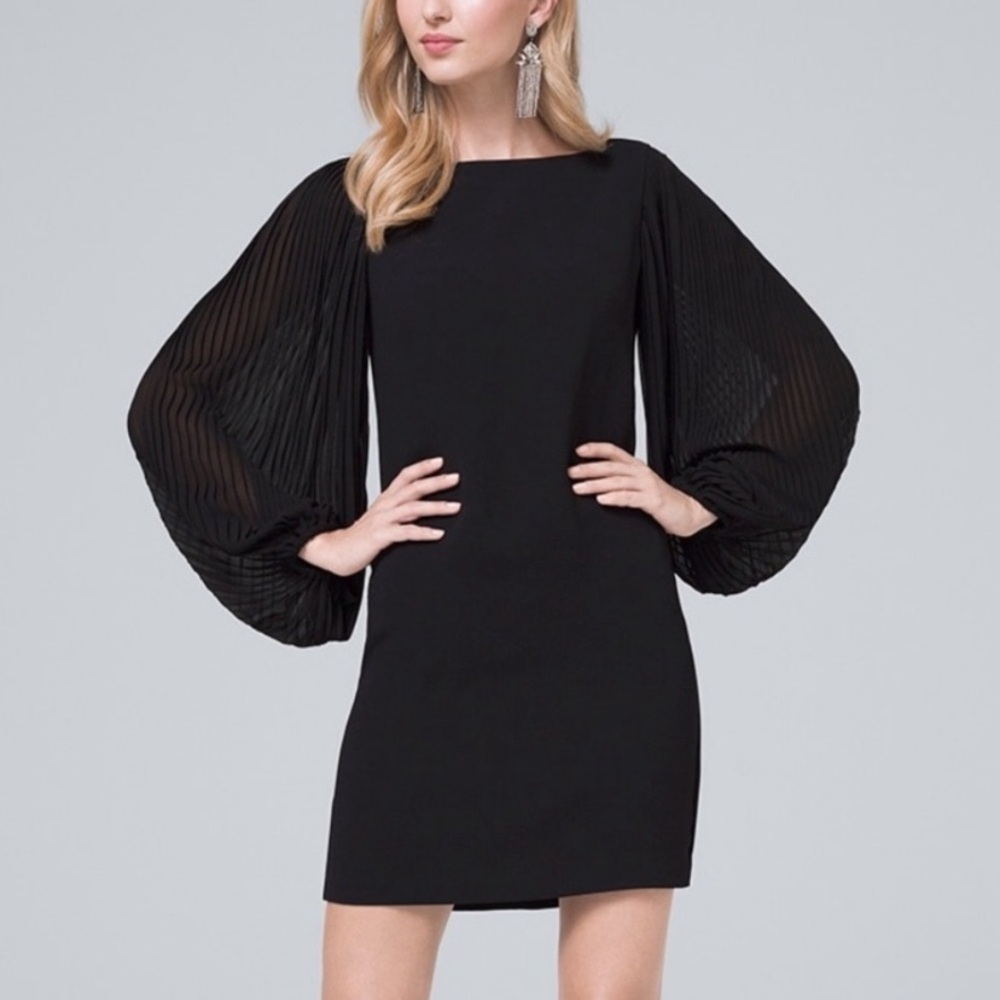 White House Black Market WHBM Pleated Chiffon Sleeve Black Crepe Mini Dress 4P